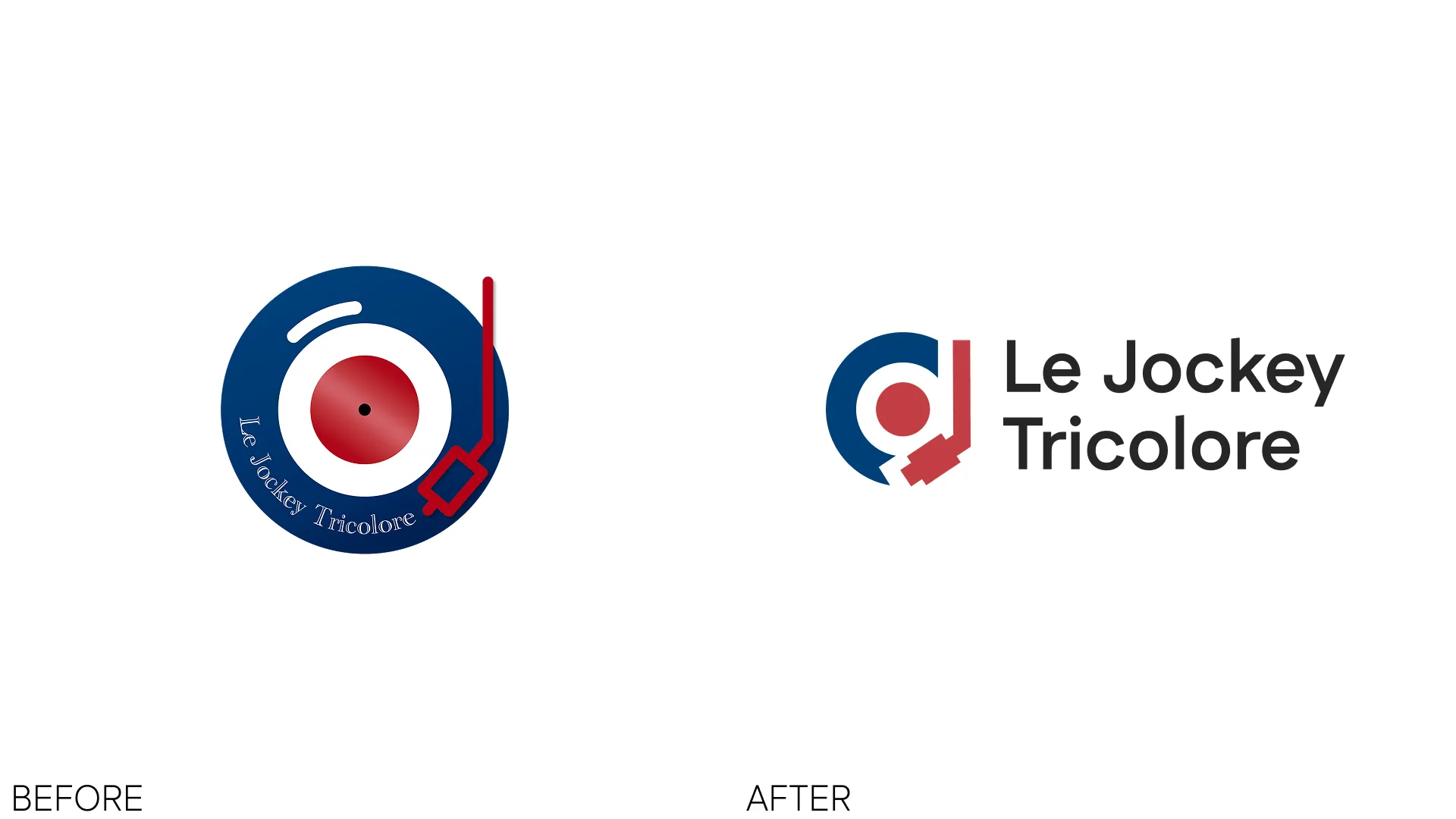 Before and after comparison of the Jockey Tricolore logo