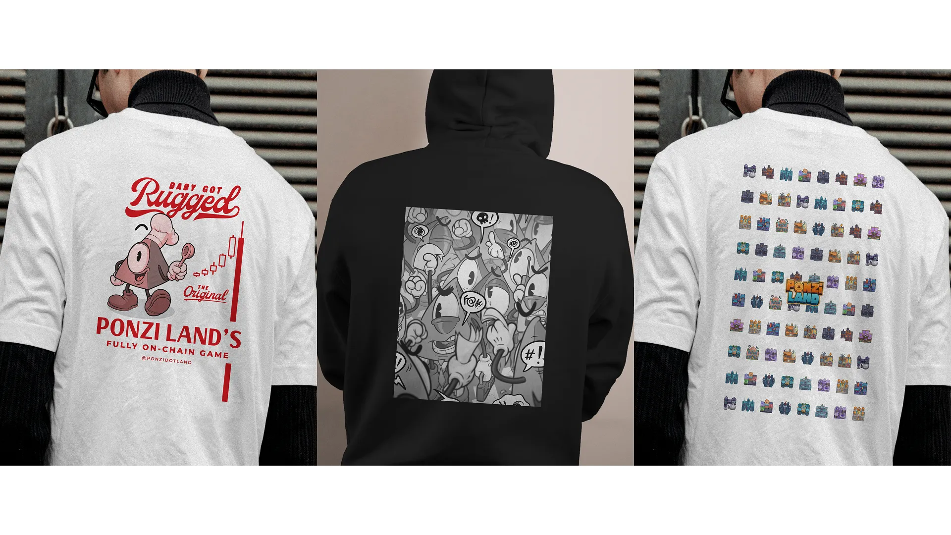 Lineup merch PonziLand que j'ai designé